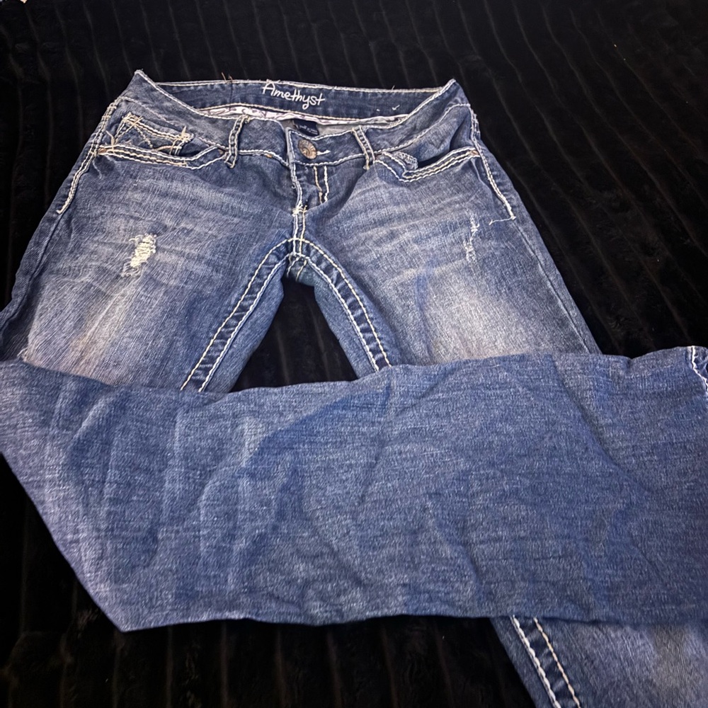 Amethyst Jeans Women's Distressed Blue Skinny Jeans Low Rise